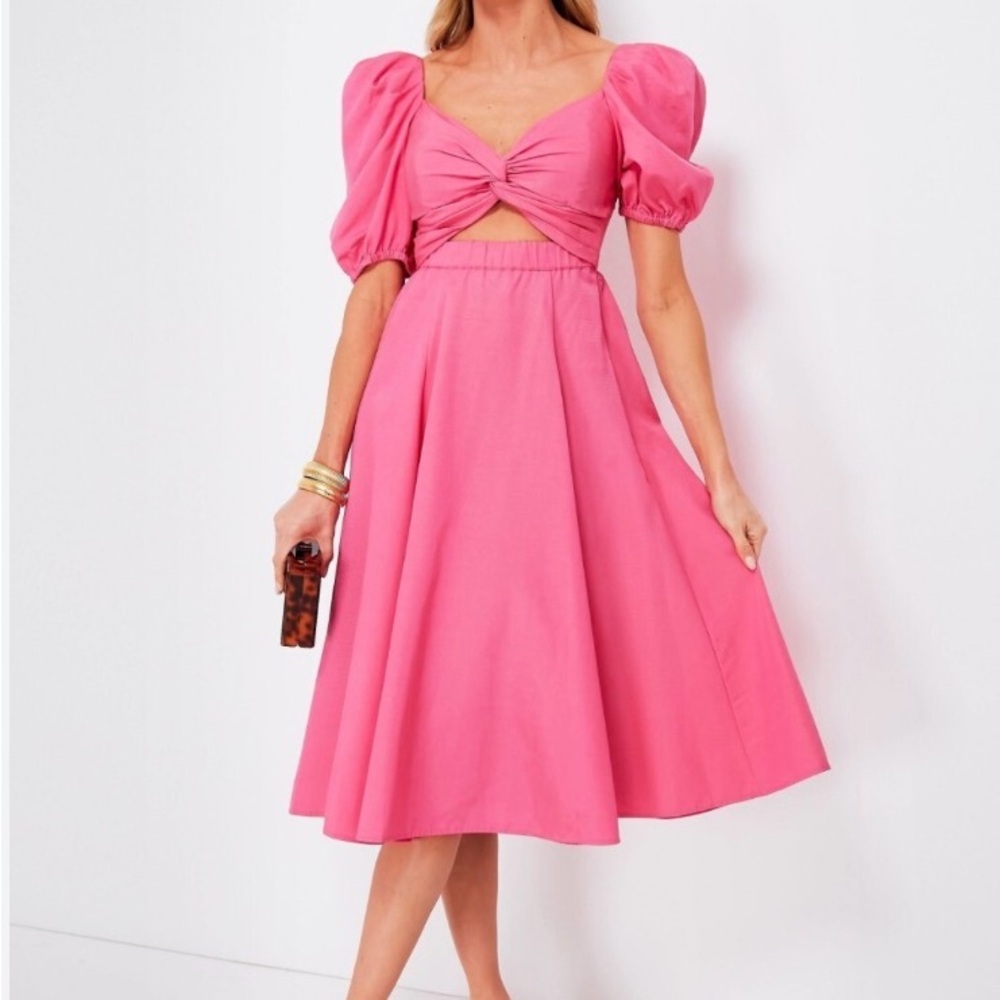 Kate Spade New York Twist Bodice Puff Sleeve Midi Dress in pink